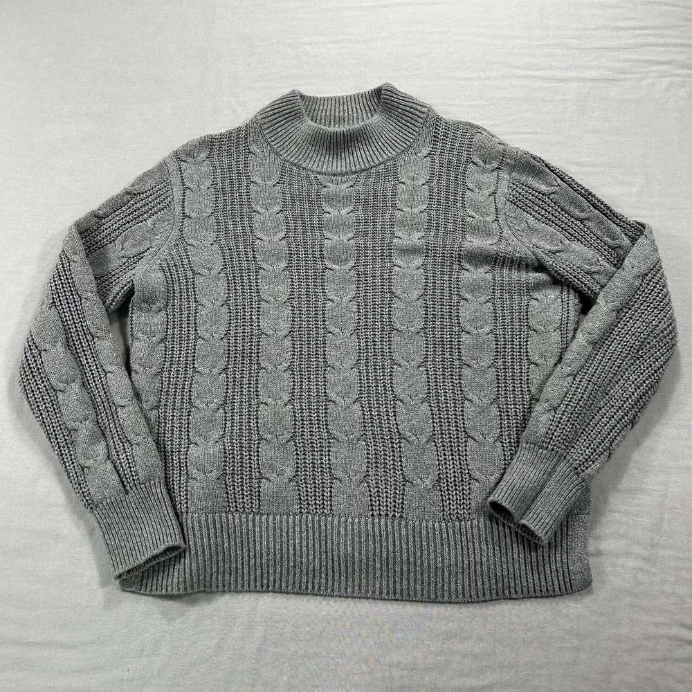 Banana Republic Sweater Womens Petite Small‎ Gray Mock Neck Fisherman Cable Knit